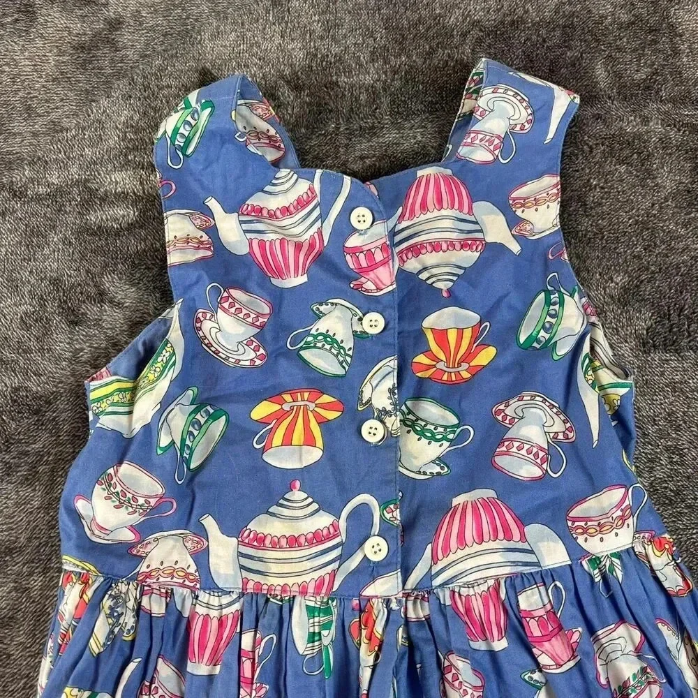 Vtg Cary San Francisco Sleeveless Tea Cup Print Dress Girls 7 Blue Buttons